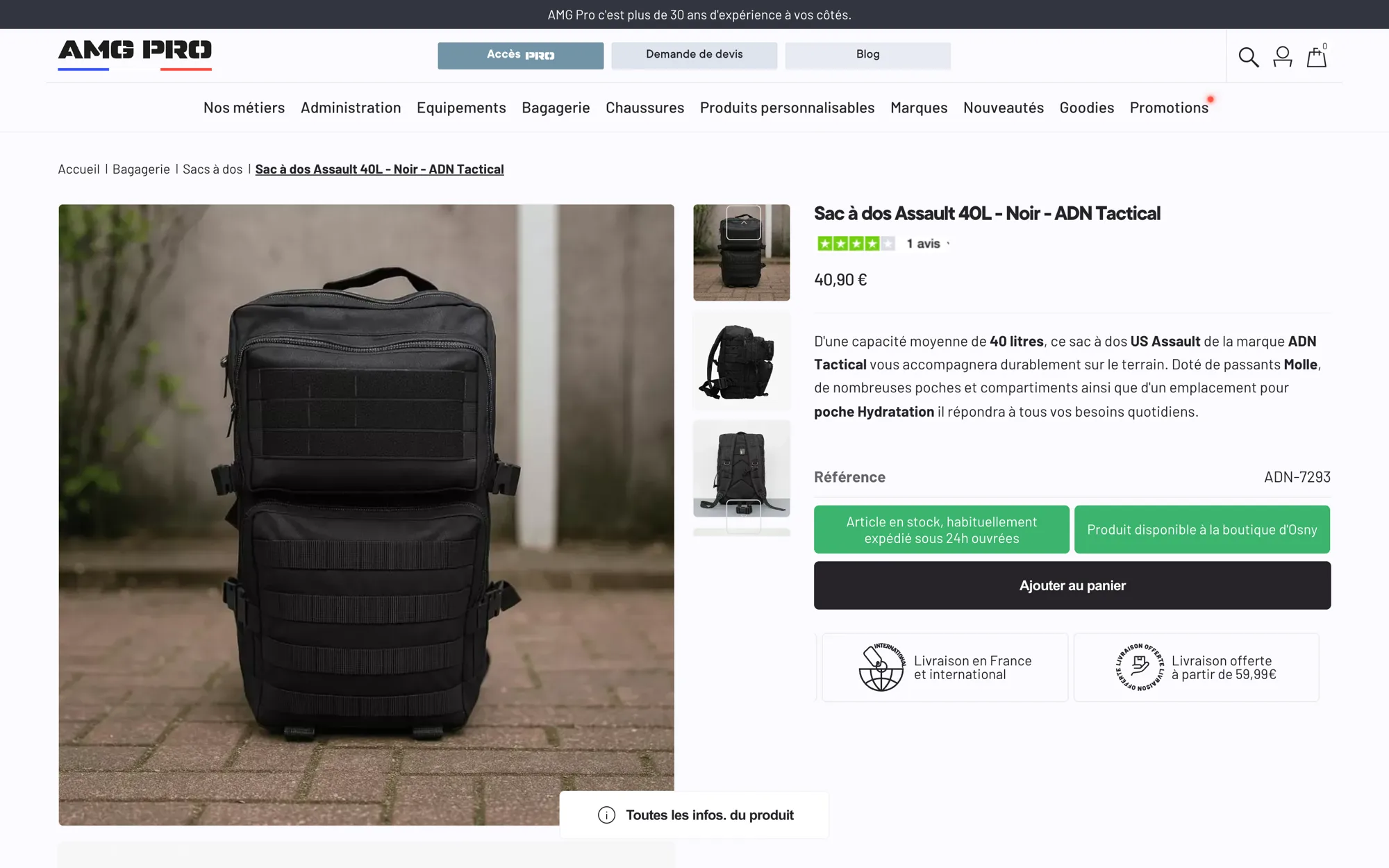 AMG Pro, fiche produit sac à dos Assault 40L