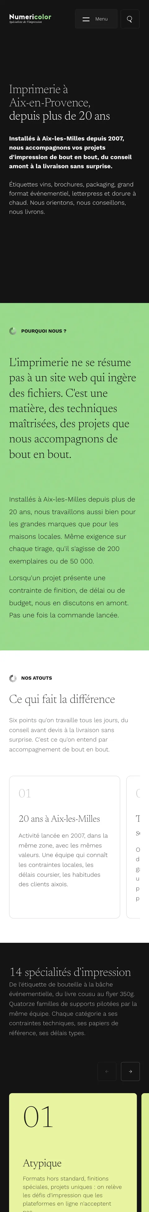 Numericolor sur mobile, page d’accueil